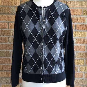 Land's End Black-and-Grey Argyle Cardigan, Sz. M/P